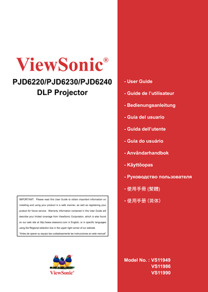 Page 1
IMPORTANT:    Please  read  this  User  Guide  to  obtain  important  information  on 
installing  and  using  your  product  in  a  safe  manner,  as  well  as  registering  your 
product  for  future  service.    Warranty  information  contained  in  this  User  Guide  will 
describe  your  limited  coverage  from  ViewSonic  Corporation,  which  is  also  found 
on  our  web  site  at  http://www.viewsonic.com  in  English,  or  in  specific  languages 
using the Regional selection box in the upper...