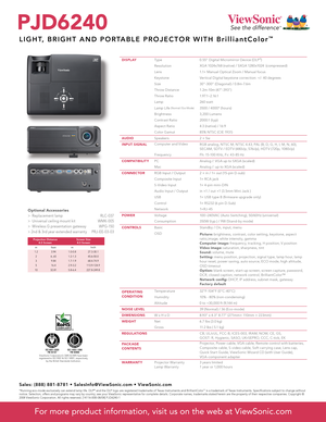 Page 2PJD6240
LIGHT, BRIGHT AND PORTABLE PROJECTOR WITH BrilliantColor™
For more product information, visit us on the web at ViewSonic.com
Sales: (888) 881-8781 • SalesInfo@ViewSonic.com • ViewSonic.com
*Running eco-mode exclusively can extend lamp life. DLP® and the DLP logo are registered trademarks of Texas Instruments and BrilliantColor™ is a trademark of Texas Instruments. Specifications subject to change without notice. Selection, offers and programs may vary by country; see your ViewSonic representative...