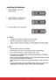 Page 169
Installing the Batteries
1. Open the battery cover in the 
direction shown.
2. Install batteries as indicated by the 
diagram inside the compartment.
3. Close the battery cover into position.
Caution
•  Risk of explosion if battery is replaced by an incorrect type.
•  Dispose of used batteries according to the instructions.
•  Make sure the plus and minus terminals are correctly aligned when loading a battery.
Note
• Keep the battery out of the reach of children. 
• Remove batteries from remote control...