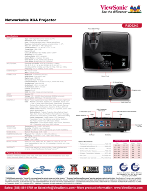 Page 2Networkable XGA Projector
PJD6243
Specifications
DISPLAY  Type: 0.55" Digital Micromirror Device (DLP™)   
  Resolution: XGA 1024x768 (Native)   
  Lens: 1.2x Manual optical zoom / Manual optical focus  
  Keystone: Vertical digital keystone correction (Auto, +/- 40º)  
  Size: 30" - 300" / 0.8 m - 7.6 m (Diagonal) 
  Throw Distance: 4.3 ft - 36.1 ft / 1.3 m - 11.0 m 
  Throw Ratio: 1.64 - 1.96:1 
  Lamp: 240 watt 
  Lamp Life (Normal / Eco-mode):  3,500 / 5,000** 
  Brightness: 3,200 Lumens...