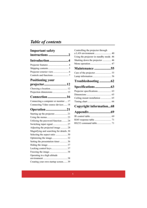 Page 61
Table of contents
Important safety  
instructions ..... ..................2 
Introduction .... ..................4
Projector features ................................. 4 
Shipping contents ................................. 5 
Projector exterior view ......................... 6
Controls and functions ......................... 7
Positioning your  
projector....... ...................12
Choosing a location............................ 12 
Projection dimensions ........................ 13
Connection .........