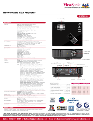 Page 2Networkable XGA Projector
PJD6253
Specifications
DISPLAY  Type: 0.55" Digital Micromirror Device (DLP™)  
  Resolution:  XGA 1024x768 (Native)   
  Lens: 1.3x Manual optical zoom / Manual optical focus  
  Keystone: Vertical digital keystone correction, +/- 40º  
  Size:  30" - 300" / 0.8 m - 7.6 m (Diagonal) 
  Throw Distance:  3.9 ft - 30.2 ft / 1.2 m - 9.2 m  
  Throw Ratio:  1.51 - 1.97:1 
  Lamp: 240 watt 
  Lamp Life (Normal / Eco-mode):  3,500 / 5,000* 
  Brightness:  3,500 Lumens...