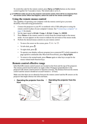 Page 1510
To switch the code for the remote control, press PgUp and PgDn buttons on the remote 
control together for 5 seconds or more. The initial code is set to A. 
If different codes are set on the projector and remote control, there will be no response from 
the remote control. When that happens, switch the code for the remote control again.
Using the remote mouse control
The capability of operating your computer with the remote control gives you more 
flexibility when delivering presentations. 
1. Connect...