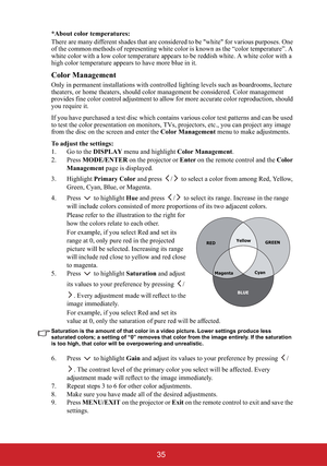 Page 4035
*About color temperatures:
There are many different shades that are considered to be "white" for various purposes. One 
of the common methods of representing white color is known as the “color temperature”. A 
white color with a low color temperature appears to be reddish white. A white color with a 
high color temperature appears to have more blue in it.
Color Management
Only in permanent installations with controlled lighting levels such as boardrooms, lecture 
theaters, or home theaters,...