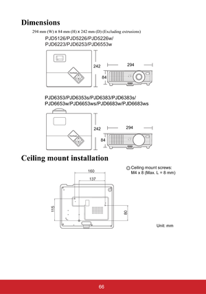 Page 7166
Dimensions
294 mm (W) x 84 mm (H) x 242 mm (D) (Excluding extrusions)
Ceiling mount installation
TEMP
LMMPMODE
ENTERAUTOSOURCEMENU
EXIT
PJD5126/PJD5226/PJD5226w/
PJD6223/PJD6253/PJD6553w
TEMP
LMMPMODE
ENTERAUTOSOURCEMENU
EXIT
294
242
84294
84 242
160
137
11 5
80
Ceiling mount screws:
M4 x 8 (Max. L = 8 mm)
Unit: mm
PJD6353/PJD6353s/PJD6383/PJD6383s/
PJD6653w/PJD6653ws/PJD6683w/PJD6683ws 