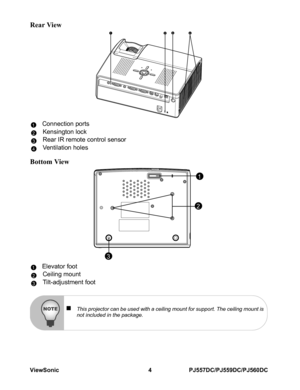 Page 10ViewSonic 4 PJ557DC/PJ559DC/PJ560DC
Rear View 
Connection ports
Kensington lock
Rear IR remote control sensor
Ventilation holes
Bottom View
Elevator foot
Ceiling mount
Tilt-adjustment foot
1324
1234
1
2
3
123
„This projector can be used with a ceiling mount for support. The ceiling mount is
not included in the package. 