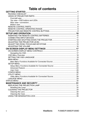 Page 6
vViewSonic	 PJ588D/PJ568D/PJ508D

Table of contents
GETTING STARTED ........................................................................\
.................1
PACKING	CHECKLIST 	........................................................................\
...............................1
VIEWS	OF	PROJECTOR	PARTS 	........................................................................\
...............
2
Front-left view  ........................................................................\...