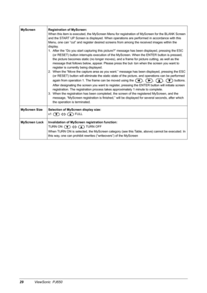 Page 3229ViewSonic  PJ650
MyScreen Registration of MyScreen:
When this item is executed, the MyScreen Menu for registration of MyScreen for the BLANK Screen 
and the START UP Screen is displayed. When operations are performed in accordance with this 
Menu, one can “cut” and register desired screens from among the received images within the 
display.
1. After the “Do you start capturing this picture?” message has been displayed, pressing the ESC 
(or RESET) button interrupts execution of the MyScreen. When the...