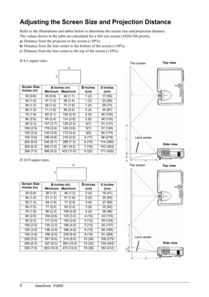 Page 107ViewSonic  PJ650
Adjusting the Screen Size and Projection Distance
Refer to the illustrations and tables below to determine the screen size and projection distance.
The values shown in the table are calculated for a full size screen (1024x768 pixels).
a:
 Distance from the projector to the screen (±10%).
b:
 Distance from the lens center to the bottom of the screen (±10%).
c:
 Distance from the lens center to the top of the screen (±10%).
If 4:3 aspect ratio.
If 16:9 aspect ratio.
Screen Size
Inches...