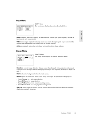 Page 14ViewSonic  PJ75011
E
N
G
L
I
S
H
Input Menu 
Image Menu 
INPUT Menu
The Input menu displays the options described below:
RGB (computer input only) displays the horizontal and vertical sync signal frequency of an RGB 
input source, such as a computer.
Video (video input only) automatically detects and selects the input signal, or you can select the 
specific input standard for your country from the list that displays. 
Auto automatically adjusts the vertical and horizontal position, phase, and size.
IMAGE...