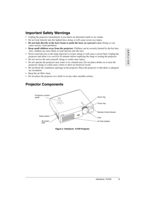Page 6ViewSonic  PJ7503
E
N
G
L
I
S
H
Important Safety Warnings
 Unplug the projector immediately if you detect an abnormal smell or see smoke.
 Do not look directly into the lighted lens; doing so will cause severe eye injury.
Do not look directly at the laser beam or point the laser at a person’s eyes. Doing so can 
cause serious vision problems.
Keep small children away from the projector. Children can be severely burned by the hot lens. 
Also, children are more likely to look directly into the lens.
...