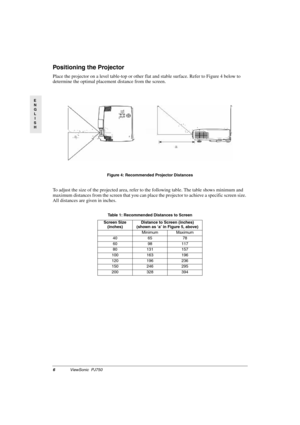 Page 96ViewSonic  PJ750
E
N
G
L
I
S
H
Positioning the Projector
Place the projector on a level table-top or other flat and stable surface. Refer to Figure 4 below to 
determine the optimal placement distance from the screen.
To adjust the size of the projected area, refer to the following table. The table shows minimum and 
maximum distances from the screen that you can place the projector to achieve a specific screen size. 
All distances are given in inches.
Figure 4: Recommended Projector Distances
Table 1:...