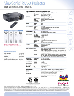 Page 2specifications
ViewSonic
®
PJ750 Projector
High Brightness. Ultra-Portable.
For more product information, visit us on the web at ViewSonic.com
*Running Whisper-mode exclusively can extend lamp life up to 4,000 hours. **Lamp warranty available in U.S. and Canada. Subject to terms and conditions, verification and approval. Third-year and 1-year limited lamp warranties apply only to PJ250, PJ350, PJ500, PJ501, PJ510, PJ550, PJ551, PJ650, PJ750, and
PJ1065 projectors purchased after May 1, 2002. Applies to...
