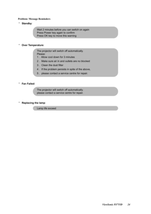 Page 26                                                                                                                          ViewSonic PJ755D 24
Problem: Message Reminders
 *   
Standby : 
 *    Over Temperature :
 *    Fan Failed :
 *    Replacing the lamp : 
Wait 2 minutes before you can switch on again
Press Power key again to confirm
Press OK key to move this warning
The projector will switch off automatically.
Please:
1 .  Allow cool down for 3 minutes
2 . Make sure air in and outlets are no blocked
3...