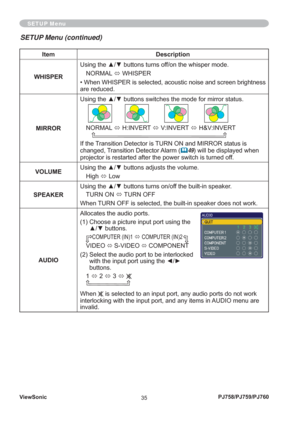 Page 40ViewSonic
35PJ758/PJ759/PJ760
SETUP Menu
SETUP Menu (continued)
Item Description
WHISPERUsing the ▲/▼ buttons turns off/on the whisper mode.
NORMAL 
Ù WHISPER
• When WHISPER is selected, acoustic noise and screen brightness 
are reduced.
MIRRORUsing the ▲/▼ buttons switches the mode for mirror status.
NORMAL 
Ù H:INVERT 
Ù V:INVERT 
Ù H&V:INVERT
 
If the Transition Detector is TURN ON and MIRROR status is 
changed, Transition Detector Alarm (
		49) will be displayed when 
projector is restarted after the...