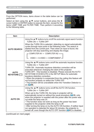 Page 45ViewSonic
40PJ758/PJ759/PJ760
OPTION Menu
OPTION MenuOPTION Menu
Item Description
AUTO SEARCH
Using the ▲/▼ buttons turns on/off the automatic signal search function.
TURN ON 
Ù TURN OFF
When the TURN ON is selected, detecting no signal automatically 
cycles through input ports in the following order. The search is 
started from the current port. Then when an input is found, the 
projector will stop searching and display the image. 
 COMPUTER IN1 
Ö  COMPUTER IN2
   VIDEO
 
Õ S-VIDEO 
Õ COMPONENT 
AUTO...