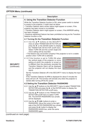 Page 54ViewSonic
49PJ758/PJ759/PJ760
Item Description
SECURITY
(continued)
4. Using the Transition Detector Function
While the Transition Detector function is ON, when power switch is started 
to supply to the projector, it might react as below.
• Transition Detector alarm shown below might appear on screen, if the 
projector has been moved or re-installed.
• Transition Detector alarm might appear on screen, if the MIRROR setting 
has been changed.
• Keystone adjustment feature has been prohibited as long as...