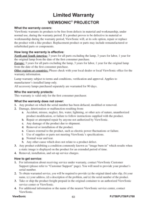 Page 68ViewSonic
63PJ758/PJ759/PJ760
Limited Warranty
VIEWSONIC® PROJECTOR
What the warranty covers: 
ViewSonic warrants its products to be free from defects in material and workmanship, under 
normal use, during the warranty period. If a product proves to be defective in material or 
workmanship during the warranty period, ViewSonic will, at its sole option, repair or replace 
the product with a like product. Replacement product or parts may include remanufactured or 
refurbished parts or components. 
How long...