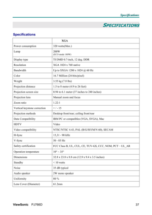 Page 43S S
S
p p
p
e e
e
c c
c
i i
i
f f
f
i i
i
c c
c
a a
a
t t
t
i i
i
o o
o
n n
n
s s
s
   
 
ViewSonic PJ766D  
37
SPECIFICATIONS 
Specifications 
 
XGA  
Power consumption  320 watts(Max.)       
Lamp 200W 
(ECO mode 180W)     
Display type  TI DMD 0.7-inch, 12 deg. DDR   
Resolution  XGA 1024 x 768 native   
Bandwidth  Up to SXGA 1280 x 1024 @ 60 Hz   
Color  16.7 Million (24-bits/pixel) 
Weight  3.55 kg (7.8 lbs) 
Projection distance  1.5 to 8 meter (4.9 to 26 feet) 
Projection screen size  0.94 to 6.1...