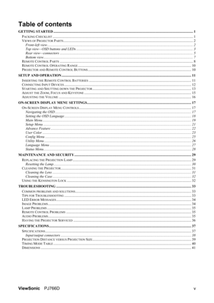 Page 6ViewSonic PJ766D  
v
Table of contents 
GETTING STARTED .......................................................................................................................................................... 1 
PACKING CHECKLIST........................................................................................................................................................... 1 
VIE WS OF PROJECTOR...