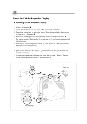Page 1612
English
  
Powering On the Projection Display
1. Remove the lens cap.
2. Ensure that the power cord and signal cable are securely connected.
3. Turn on the main power switch on the back of the projector and allow the projector
to warm up for 1-2 minutes.
4. Turn on the lamp by pressing “Power/Standby” button on the Panel Control.
The  startup screen will display for 30 seconds and the Power/Standby indicator will
light solid green.
5. Turn on your source (computer, notebook, or video player...