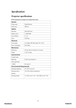 Page 27
 22
Specifications 
Projector specifications 
All specifications are subject to be changed without notice. 
General  
Product name    Digital Projector   
Model name   PJD2121  
Optical  
Resolution   800  x 600 SVGA   
Display system    1-CHIP DMD   
Lens F/Number    F = 2.6   
Lamp   50W lamp  
Electrical   
Power supply    AC Adaptor 100–240V, Input 19V==4.74A   
Power consumption    90 W (Max)   
Mechanical   
Dimensions    205 mm (W)  x 65 mm (H)  x 121 mm (D)   
Weight    2.2 lbs (1.0 Kg)   
Input...