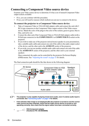 Page 20Connection 16
Connecting a Component Video source device
Examine your Video source device to determine if it has a set of unused Component Video 
output sockets available: 
• If so, you can continue with this procedure.
• If not, you will need to reassess which method you can use to connect to the device.
To connect the projector to a Component Video source device:
1. Take a Component Video to VGA (D-Sub) adaptor cable and connect the end with 3 
RCA type connectors to the Component Video output sockets...