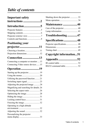 Page 5
Table of contents        1
Table of contents
Important safety 
instructions .......................
2

Introduction .... ..................5
Projector features ................................. 5
Shipping contents ................................. 6
Projector exterior view ......................... 7
Controls and functions ......................... 8
Positioning your 
projector..........................11
Choosing a location............................ 11
Projection dimensions ...........................