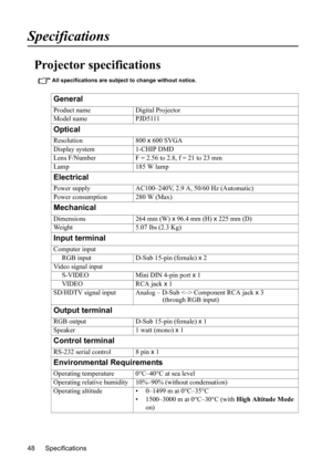 Page 52Specifications 48
Specifications
Projector specifications
All specifications are subject to change without notice. 
General
Product name Digital Projector
Model name PJD5111
Optical
Resolution 800 x 600 SVGA
Display system 1-CHIP DMD
Lens F/Number F = 2.56 to 2.8, f = 21 to 23 mm
Lamp 185 W lamp
Electrical
Power supply AC100–240V, 2.9 A, 50/60 Hz (Automatic)
Power consumption 280 W (Max)
Mechanical
Dimensions 264 mm (W) x 96.4 mm (H) x 225 mm (D)
Weight 5.07 lbs (2.3 Kg)
Input terminal
Computer input...