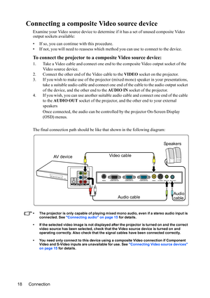 Page 21
Connection
18
Connecting a composit e Video source device
Examine your Video source device to determine if it has a set of unused composite Video 
output sockets available:
• If so, you can continue with this procedure.
• If not, you will need to reassess which method you can use to connect to the device.
To connect the projector to a composite Video source device:
1. Take a Video cable and connect one end to the composite Video output socket of the 
Video source device.
2. Connect the other end of the...