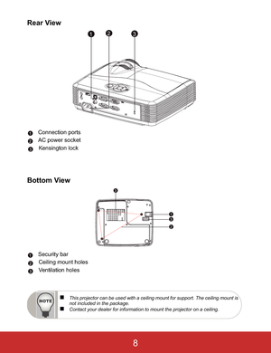 Page 11Rear View 
Connection ports
AC power socket
Kensington lock
Bottom View
Security bar 
Ceiling mount holes
Ventilation holes
132
1
2
23
1
2
3
3
1
22
3
„This projector can be used with a ceiling mount for support. The ceiling mount is
not included in the package.
„Contact your dealer for information to mount the projector on a ceiling.
8 