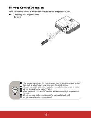 Page 17Remote Control Operation
Point the remote control at the infrared remote sensor and press a button.
„Operating the projector from
the front
7m5m15
158m
„The remote control may not operate when there is sunlight or other strong
light such as a fluorescent lamp shining on the remote sensor.
„Operate the remote control from a position where the remote sensor is visible.„Do not drop the remote control or jolt it.„Keep the remote control out of locations with excessively high temperature or
humidity.
„Do not...