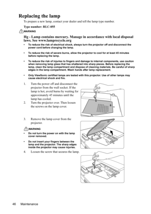 Page 49
Maintenance
46
Replacing the lamp
To prepare a new lamp, contact your de aler and tell the lamp type number.
Type number: RLC-055
WARNING
Hg - Lamp contains mercury. Manage  in accordance with local disposal 
laws. See www.lamprecycle.org
• To reduce the risk of electrical shock, always turn the projector off and disconnect the 
power cord before changing the lamp.
• To reduce the risk of severe burns, allow the pr ojector to cool for at least 45 minutes 
before replacing the lamp.
• To reduce the risk...