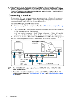 Page 17
Connection
14
Many notebooks do not turn on their external video ports when connected to a projector. 
Usually a key combo like FN + F3 or CRT/LCD key turns the external display on/off. Locate a 
function key labeled CRT/LCD or a function key  with a monitor symbol on the notebook. Press 
FN and the labeled function key simultaneous ly. Refer to your notebooks documentation to 
find your notebooks key combination.
Connecting a monitor
If you want to view your pr esentation close-up on a monitor  as well...