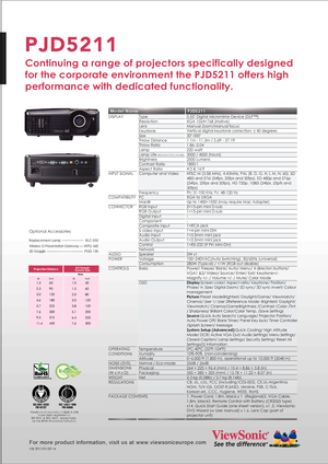 Page 2PJD 5211
Continuing a range of projectors specifically designed 
for the corporate environment the PJD5211 offers high 
performance with dedicated functionality.
VSE  2011/01/20  V4
M odel Na mePJD5211
F or  more  product inf ormation, visit us  at  www .views oniceurope.co m
Optional Accessories
Replacement Lamp
3D Goggl e RLC-055
PGD-150
ViewSonic Corporation`s QMS & EMS have been registered to
ISO 9001 & ISO 14001, respectively,  by the British Standards Institution.
W irel ess  G Pres enta tion...