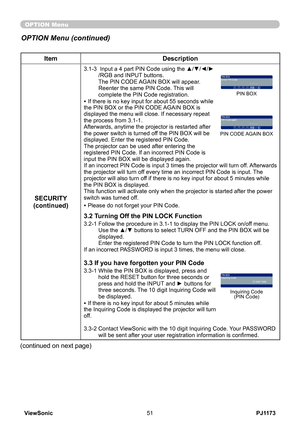 Page 56
PJ1173ViewSonic51

OPTION Menu
ItemDescription
SECURITY(continued)
3.1-3   Input a 4 part PIN Code using the ▲/▼/◄/►/RGB and INPUT buttons. The PIN CODE AGAIN BOX will appear. Reenter the same PIN Code. This will complete the PIN Code registration.• If there is no key input for about 55 seconds while the PIN BOX or the PIN CODE AGAIN BOX is displayed the menu will close. If necessary repeat the process from 3.1-1.Afterwards, anytime the projector is restarted after the power switch is turned off the PIN...