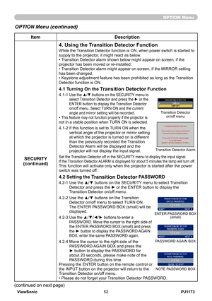 Page 57
PJ1173ViewSonic52

OPTION Menu
ItemDescription
SECURITY(continued)
4. Using the Transition Detector Function
While the Transition Detector function is ON, when power switch is started to supply to the projector, it might react as below.• Transition Detector alarm shown below might appear on screen, if the projector has been moved or re-installed.• Transition Detector alarm might appear on screen, if the MIRROR setting has been changed.• Keystone adjustment feature has been prohibited as long as the...