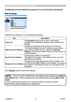 Page 81
PJ1173ViewSonic76

Configuring and controlling the projector via a web browser (continued)
Mail Settings
Management with Web browser software
Displays and configures e-mail addressing settings.
ItemDescription
Send mailClick [Enable] check box to use the e-mail function. Configure the conditions for sending e-mail under the Alert Settings.
SMTP Server IP Address
Configures the address of the mail server in IP format.• The address allows not only IP address but also domain name if the valid DNS server is...