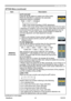 Page 51
PJ1173ViewSonic46

OPTION Menu
ItemDescription
SERVICE
(continued)
AUTO ADJUSTUsing the ▲/▼ buttons to select one of the mode. When the DISABLE is selected, the automatic adjustment feature is disabled.
FINE ó FAST ó DISABLE      
FINE: Finer tuning including H.SIZE adjustment.FAST:  Faster tuning, setting H.SIZE to prearranged data for the input signal.
• Depending on conditions, such as input image, signal cable to the projector, environment around the projector, etc., the automatic adjustment may not...