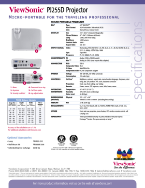 Page 2PJ255D Projector
Micro-portable for the traveling professional
specifications
1.Menu
2.Keystone
3.Security Lock Port
4.Zoom and focus ring
5.Carl Zeiss optics
6.Leg adjust button
MICRO-PORTABLE PROJECTOR
DLPType0.7 XGA DLP™Pixel Format1024 horizontal x 768 vertical (XGA)LensManual focus, manual zoom
DISPLAYSize27.6–267.2 (measured diagonally)Throw Distance47–394 (1200mm–6620mm)Lamp120W, 2000 hour ratingBrightness1,100 LumensContrast Ratio2000:1Aspect Ratio4:3, 16:9
INPUT SIGNALVideoRGB analog, NTSC M,...