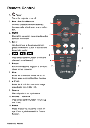 Page 13ViewSonic PJ258D
Remote Control
1.Power
Turns the projector on or off. 
Four directional buttons
8VHIRXUGLUHFWLRQDOEXWWRQVWRVHOHFW
LWHPVRUPDNHDGMXVWPHQWVWR\RXUVHOHF-
tion.
3.MENU
2SHQVWKHRQVFUHHQPHQXRUDFWVRQWKH
selected menu item.
Laser
$LPWKHUHPRWHDWWKHYLHZLQJVFUHHQ
press and hold this button to activate the 
/DVHUOLJKWSRLQWHU


L3RGUHPRWHFRQWUROIXQFWLRQEDFNZDUG
SOD\DQGSDXVHIRUZDUG
Resync
5HV\QFKURQL]HVWKHSURMHFWRUWRWKHLQSXW...