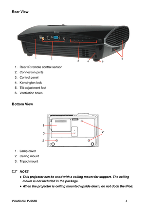 Page 10ViewSonic PJ258D
Rear View
 5HDU,5UHPRWHFRQWUROVHQVRU
 &RQQHFWLRQSRUWV
 &RQWUROSDQHO
 .HQVLQJWRQORFN
 7LOWDGMXVWPHQWIRRW
 9HQWLODWLRQKROHV
Bottom View
 /DPSFRYHU
 &HLOLQJPRXQW
3. Tripod mount
 NOTE
 