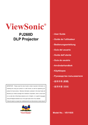 Page 1
IMPORTANT:    Please  read  this  User  Guide  to  obtain  important  information  on 
installing  and  using  your  product  in  a  safe  manner,  as  well  as  registering  your 
product  for  future  service.    Warranty  information  contained  in  this  User  Guide  will 
describe  your  limited  coverage  from  ViewSonic  Corporation,  which  is  also  found 
on  our  web  site  at  http://www.viewsonic.com  in  English,  or  in  specific  languages 
using the Regional selection box in the upper...