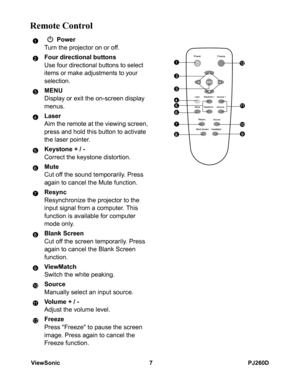 Page 13
ViewSonic 7 PJ260D
Remote Control
Power
Turn the projector on or off.
Four directional buttons
Use four directional buttons to select 
items or make adjustments to your 
selection.
MENU
Display or exit the on-screen display 
menus.
Laser
Aim the remote at the viewing screen, 
press and hold this button to activate 
the laser pointer.
Keystone + / -
Correct the keystone distortion.
Mute
Cut off the sound temporarily. Press 
again to cancel the Mute function.
Resync
Resynchronize the projector to the...