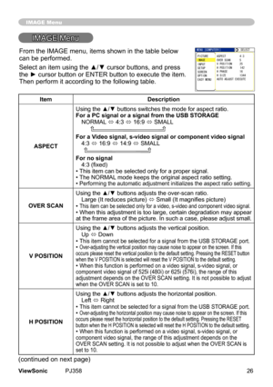 Page 31
26ViewSonic	 PJ358
IMAGE Menu
IMAGE	Menu
ItemDescription
ASPECT
Using the ▲/▼ buttons switches the mode for aspect ratio. For a PC signal or a signal from the USB STORAGENORMAL 	
ó	4:3	ó	16:9	ó	SMALL									
For a Video signal, s-video signal or component video signal
4:3	
ó 	16:9	ó	14:9	ó	SMALL					
For no signal4:3 (fixed)
•	 Ths	tem	can	be	selected	only	for	a	proper	sgnal.
•	 The	NORMAL 	mode	keeps	the	orgnal	aspect	rato	settng.
• 	
Perform ng	 the	automat...