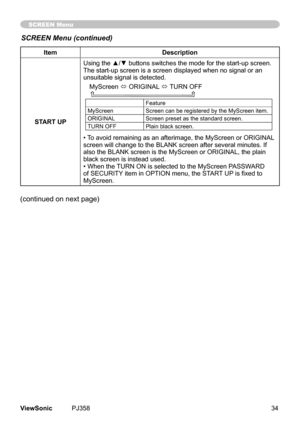 Page 39
34ViewSonic	 PJ358
SCREEN Menu
ItemDescription
START UP
Using the ▲/▼ buttons switches the mode for the start-up screen.
The	start-up	screen	s	a	screen	dsplayed	when	no	sgnal	or	an	
unsutable	sgnal	s	detected.MyScreen	
ó 	ORIGINAL
	ó	
TURN	OFF				
Feature
MyScreen Screen	can	be	regstered	by	the	MyScreen	tem.
ORIGINALScreen	preset	as	the	standard	screen.
TURN	OFF Plan	black	screen.
•	To	avod	remanng	as	an	aftermage,	the	MyScreen	or	ORIGINAL...