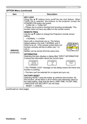 Page 46
41ViewSonic	 PJ358
ItemDescription
SERVICE
(contnued)
KEY LOCKUsing  the  ▲/▼  buttons  turns  on/off  the  key  lock  feature.  When 
TURN 	ON 	 s	selected, 	the 	buttons 	on 	the 	projector 	except 	the	
STANDBY/ON	button	are	locked. TURN	ON	
ó 	
TURN	OFF• 	Please	use	to	avod	a	mschef	and	touchng	accdentally.	 Ths	
functon	does	not	have	any	effect	on	the	remote	control.
REMOTE FREQ.Use the ▲/▼ button to change the Projector's remote sensor...