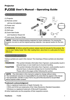 Page 6
1ViewSonic	 PJ358
Projector
PJ358 User's Manual – Operating Guide
Contents	 of 	 package
(1) Projector
(2) Remote control
						
with 	 two 	 AA 	 batteries
(3) Power cord
(4) RGB cable
(5) Soft case
(6) Quick Start Guide
						and 	 ViewSonic 	 Wizard 	 CD
(7) Lens cover, Rivet and Strap
NOTE		 • 	 Keep 	 the 	 original 	 packing 	 materials 	 for 	 future 	 reshipment. 	 For 	 moving 	 the 	
projector, 	 be 	 sure 	 to 	 use 	 the 	 original 	 packing 	 materials. 	 Use 	 special 	 caution 	 for...