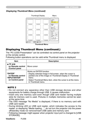 Page 54
49ViewSonic	 PJ358
USB STORAGE
Displaying Thumbnail Menu (continued .)
The	“PC-LESS	Presentaton”	can	be	controlled	va	control	panel	on	the	projector	
or	the	remote	control.
	
Followng	button	operatons	can	be	vald	whle	 Thumbnal	menu	s	dsplayed.
ItemDescription
▲/▼/◄/►	
on Remote control /Control panel Move	cursor
“ENTER”	
on Remote control
“INPUT/ENTER”	
on Control panel Works	as	ENTER	functon
-		
Dsplay	selected	mage	n	full	screen,	when...