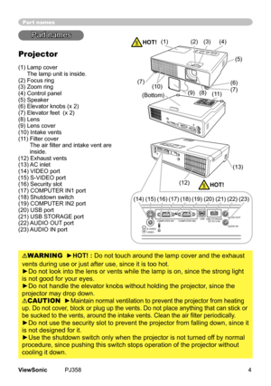 Page 9
4ViewSonic	 PJ358
Part names
Part	names
Projector
(1)		Lamp	cover		
The	lamp	unt	s	nsde.
(2)	Focus	rng
(3)	Zoom	rng
(4)	Control	panel
(5)	Speaker
(6)	Elevator	knobs	(x	2)
(7)	Elevator	feet		(x	2)
(8)	Lens
(9)	Lens	cover
(10)	Intake	vents
(11)		 Flter	cover
	The air filter and intake vent are 
nsde.
(12)	Exhaust	vents
(13)	 AC	nlet
(14)	VIDEO	port
(15)	S-VIDEO	port
(16)	Securty	slot
(17)	COMPUTER	IN1	port
(18)	Shutdown	swtch
(19)	COMPUTER	IN2...